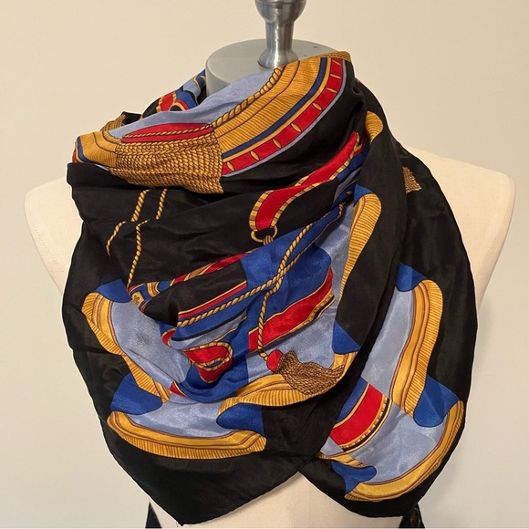 VTG Speciality House Silk Square Scarf Black Nautical Equestrian 25in Preppy - Picture 1 of 5